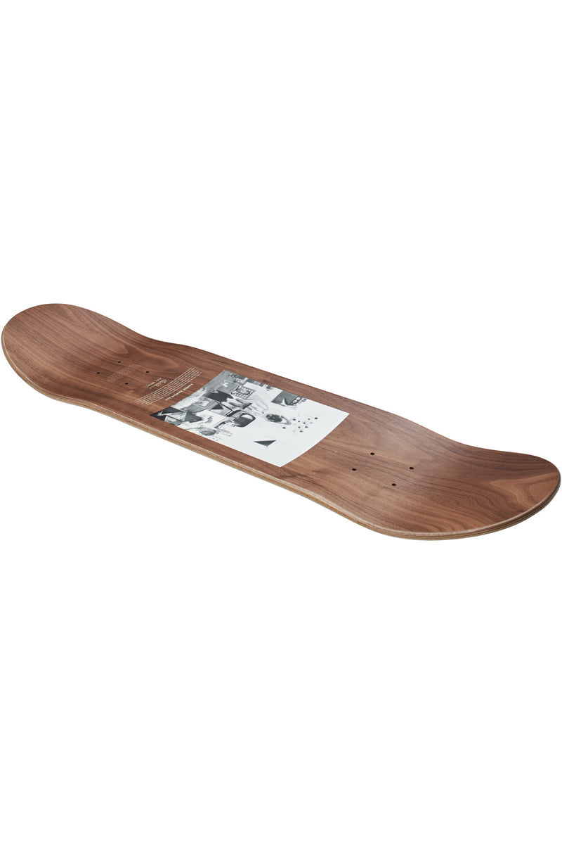 Eames Silhouette 8.25 inch deck in walnut and maple with a black and white collage on its surface