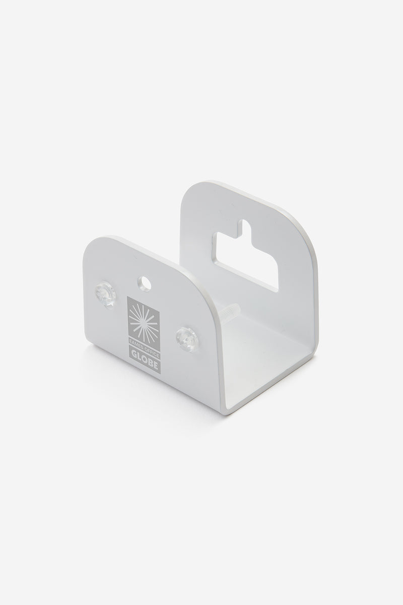 White Hang-It-All wall mounting bracket with two clear knobs and a cutout handle