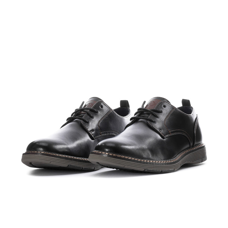Men's black lace-up leather shoes, angled pair view, stitched midsole and tread sole