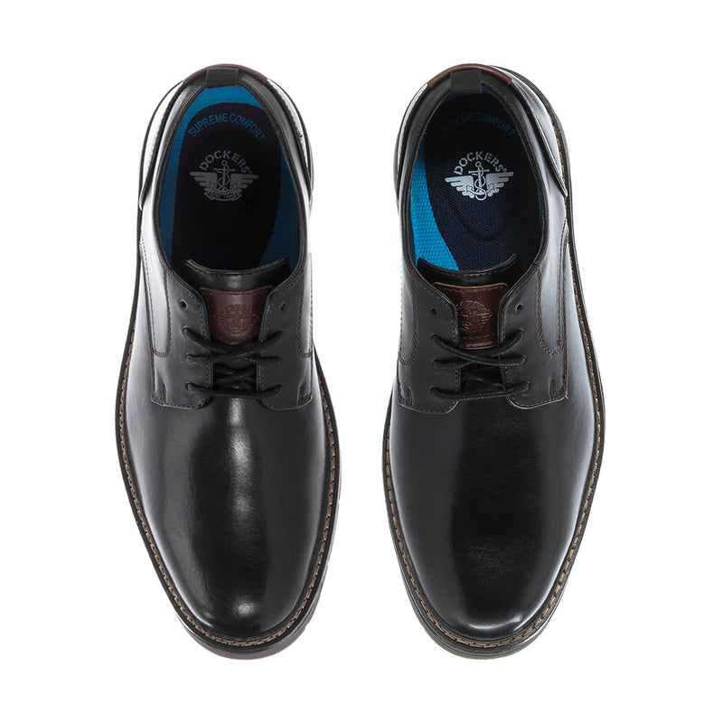 Men's black leather lace-up shoes, front view, lace eyelets and cushioned collar