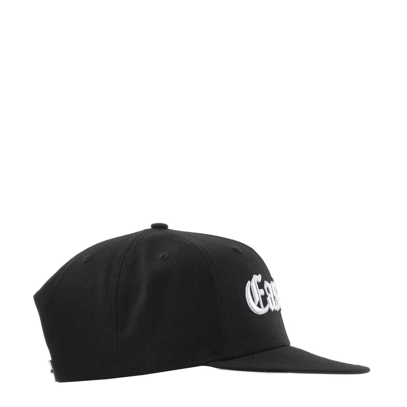 Black baseball cap with small white side logo; curved brim and snapback strap