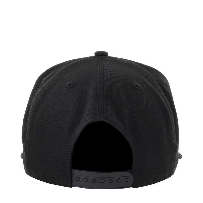 Black baseball cap with curved brim and open back view, snapback strap