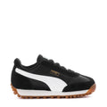Kids Puma sneaker in black with white stripe and gum sole, side view.