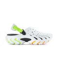 Men's white clog with green strap and black accents, perforated upper and wavy sole