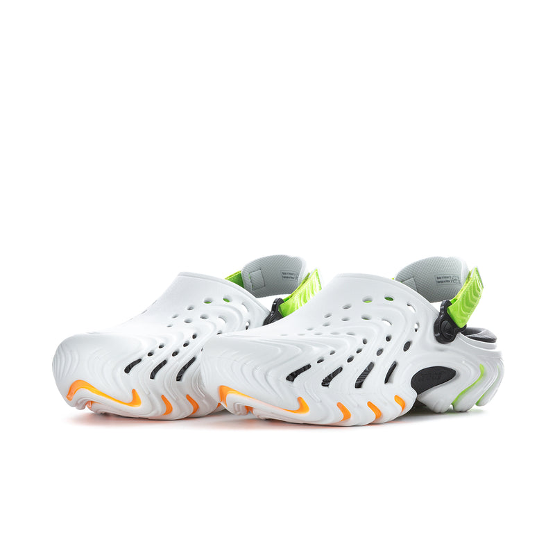 Pair of men's white clogs with perforated uppers, green strap detail, black heel