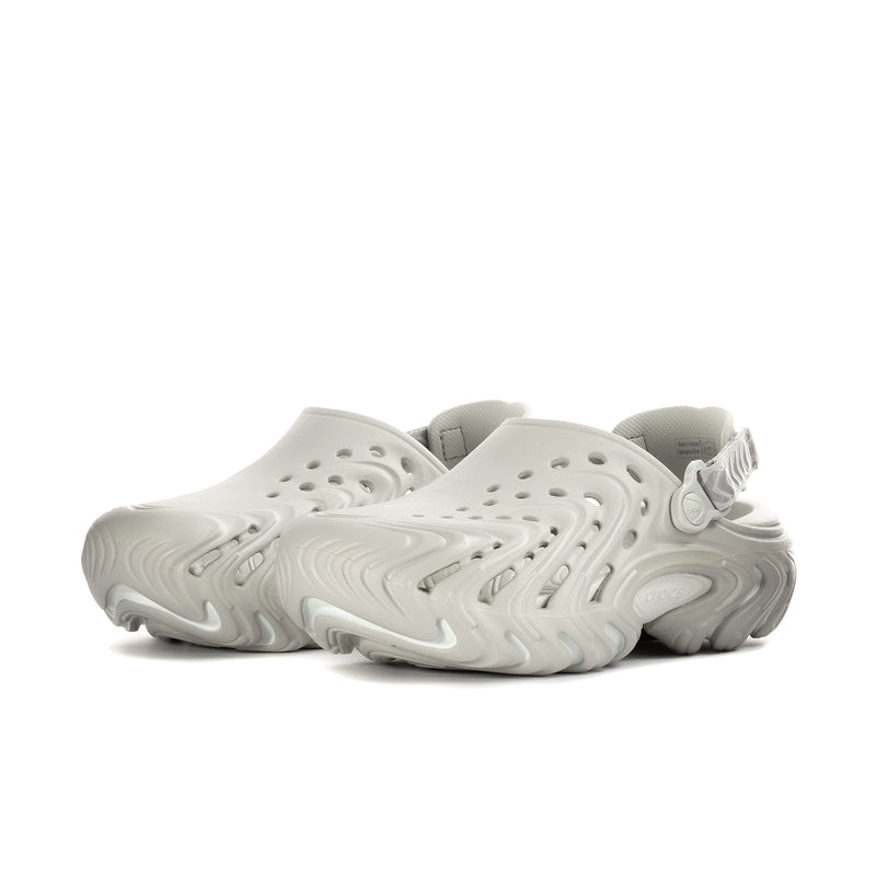Mens white slip-on clog with perforated upper and adjustable heel strap, side view