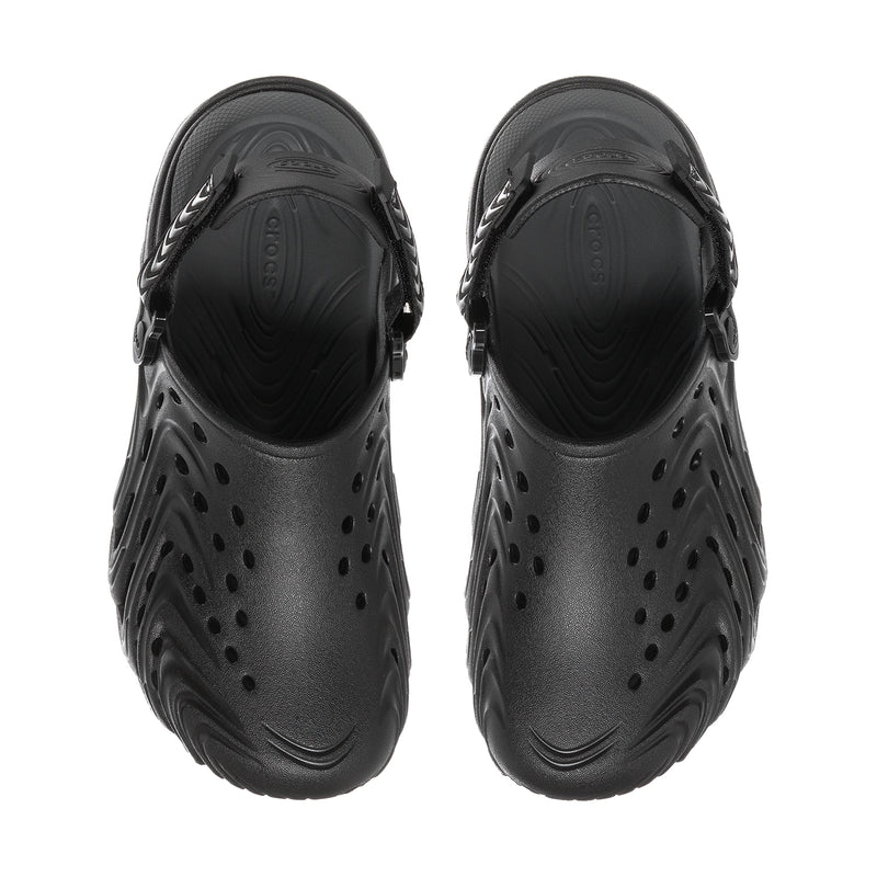Men's black clogs with perforated uppers and adjustable strap, front view