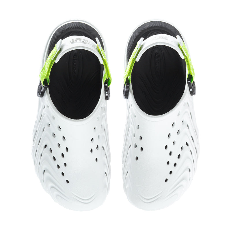 Men's white clog openings with black inner lining and green trim along the collar