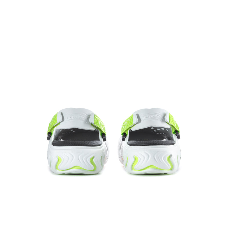 Men's white clogs viewed from back, green collar trim and cushioned heel