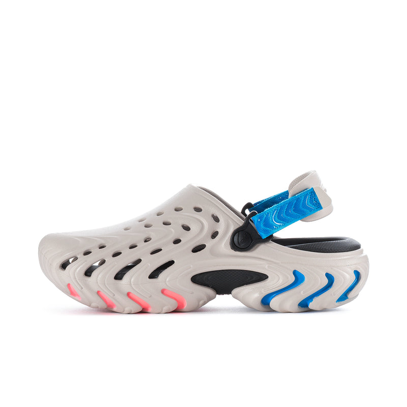 Men's white clog with blue adjustable strap, perforated holes, and multicolor tread