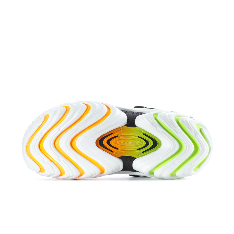 Men's clog outsole with wavy pattern in white, green, orange, and black sections
