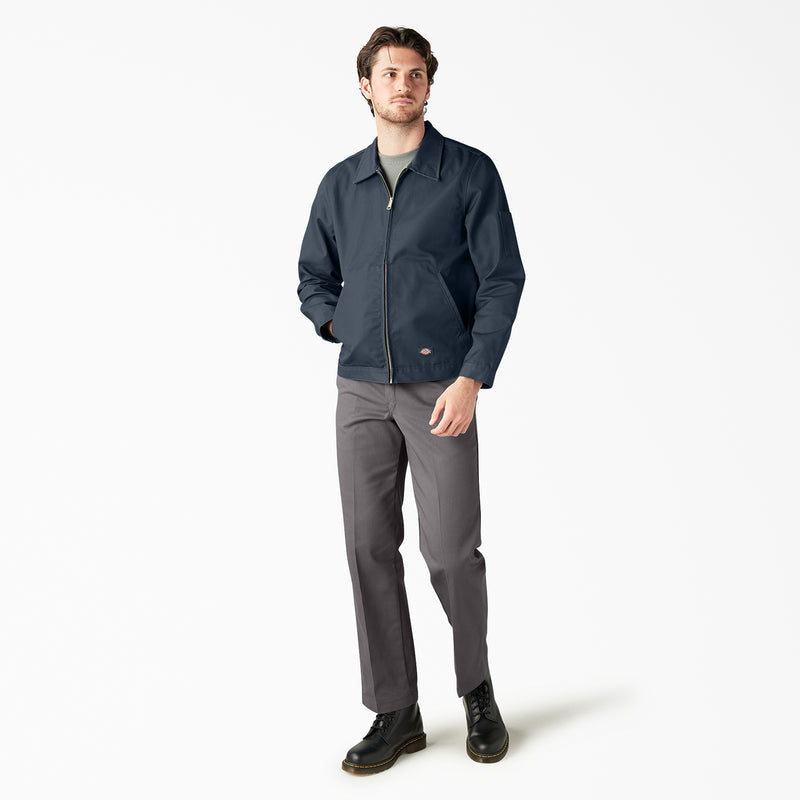 Airforce blue Eisenhower-style jacket, front zip, side pockets, model full-body view