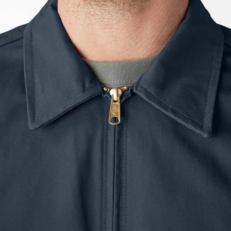 Airforce blue Eisenhower jacket collar with gold zipper and logo patch
