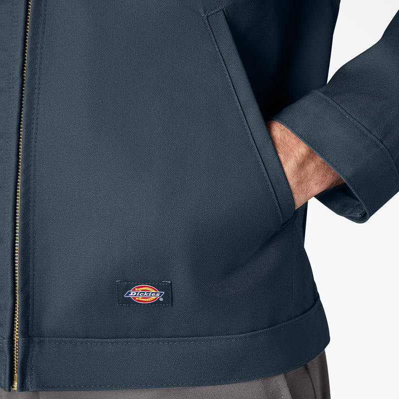Airforce blue Eisenhower jacket lower pocket with Dickies logo patch