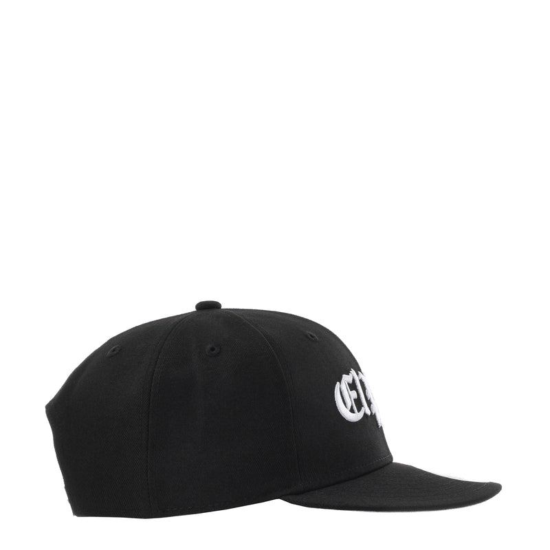 Black baseball cap with small white logo on the side