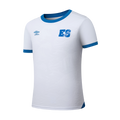 Mens white away soccer jersey with blue crew neck trim and ES crest on chest