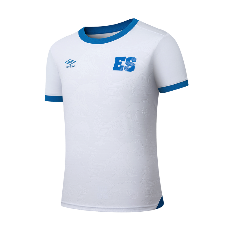 Mens white away soccer jersey with blue crew neck trim and ES crest on chest