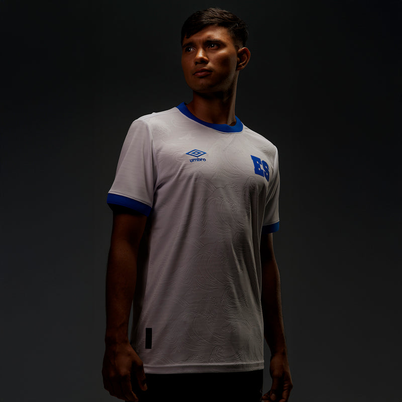 Mens white away soccer jersey with blue collar trim and ES crest on chest