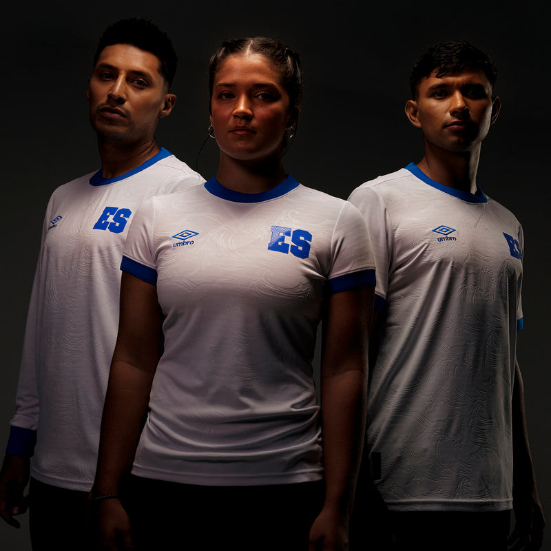 Mens white away soccer jerseys with blue collar trim, ES crest, and Umbro logo