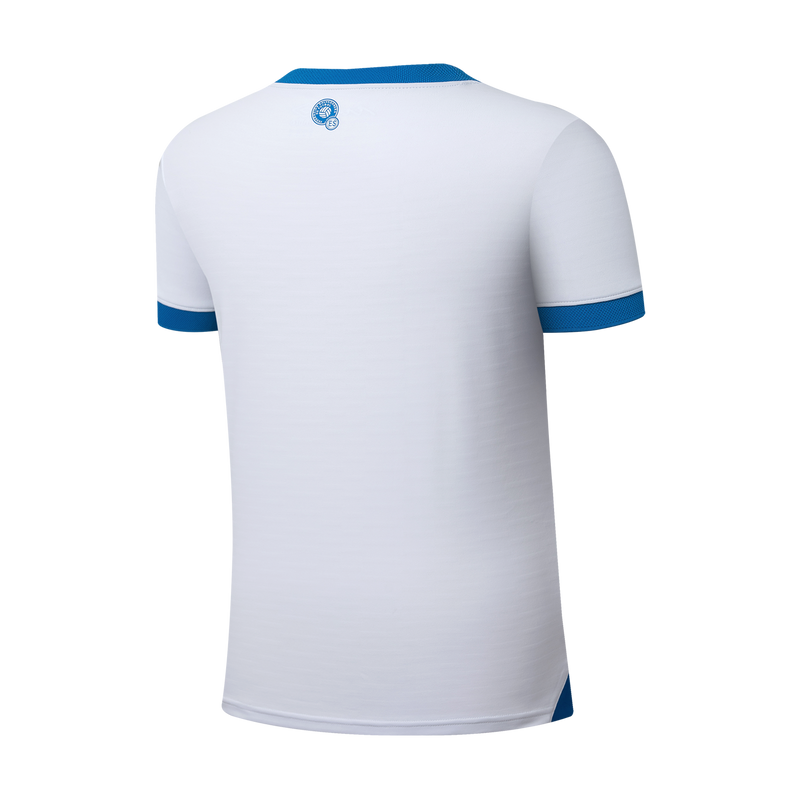 Mens white away soccer jersey back view with blue sleeve trim