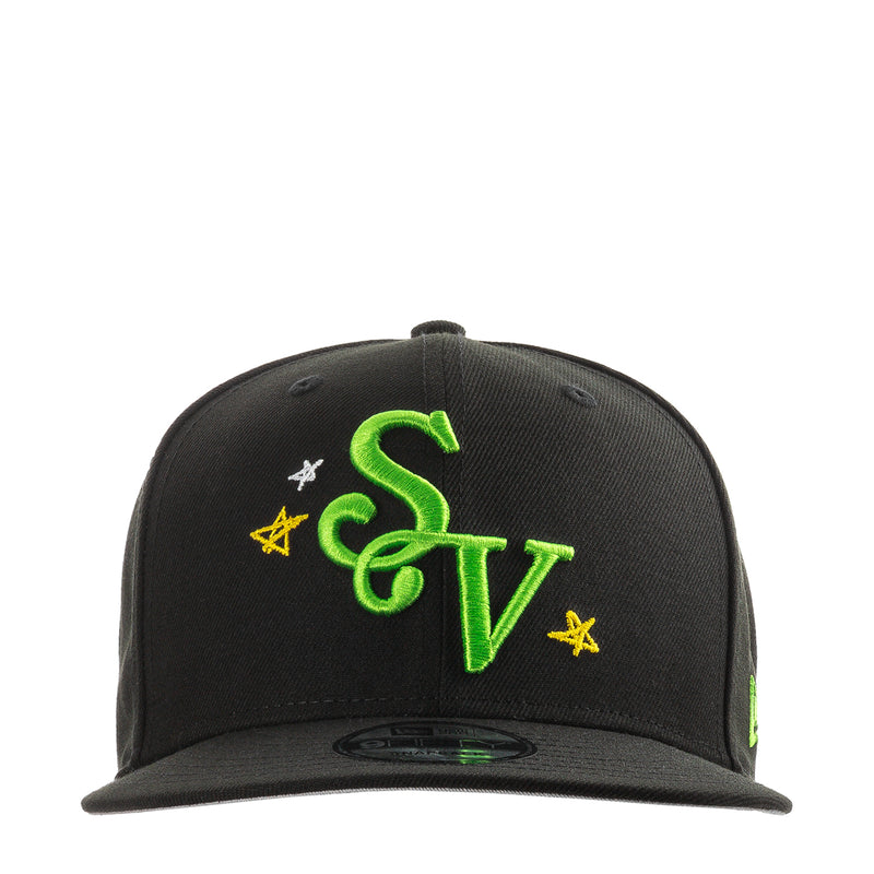 El Salvador 950 black baseball cap with neon green SV logo and yellow star accents