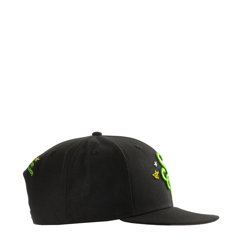 Black baseball cap with neon green and yellow side star embroidery
