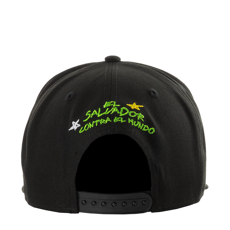 Black baseball cap with green and yellow back embroidery and star graphics