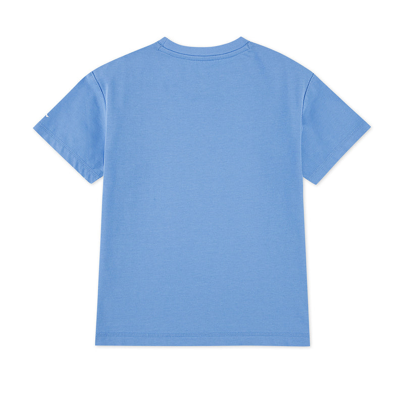 Youth blue tee back view, plain crew neck short sleeve