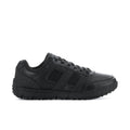 Men's slip-resistant black sneakers, side view with lace-up design and treaded sole.
