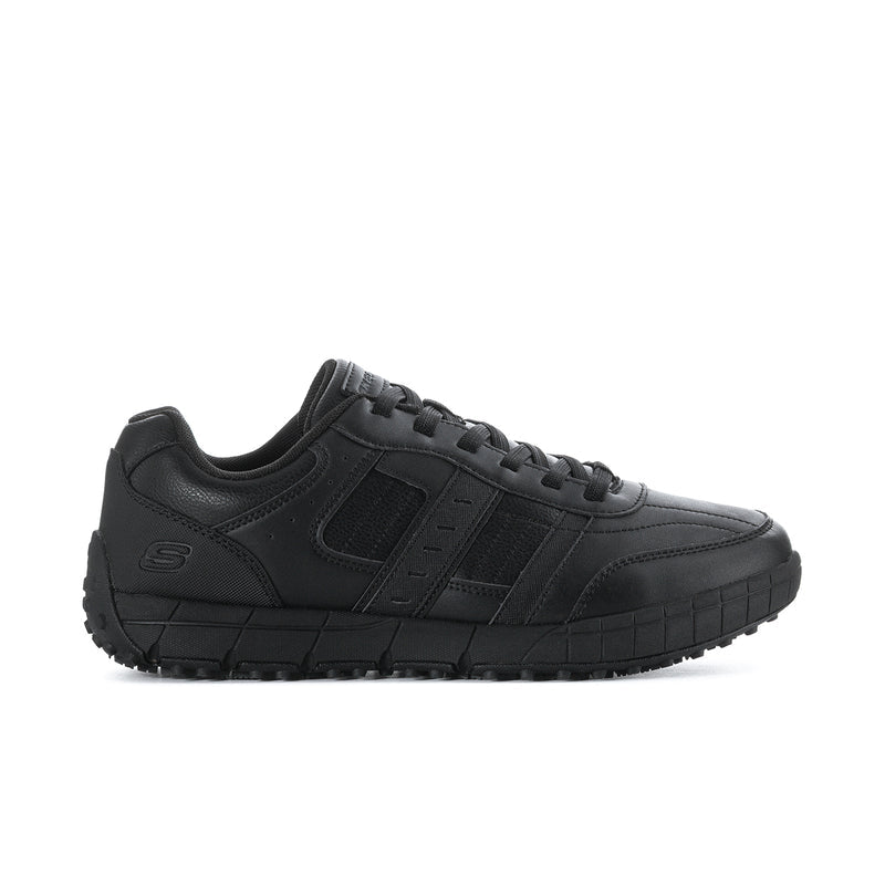 Men's slip-resistant black sneakers, side view with lace-up design and treaded sole.