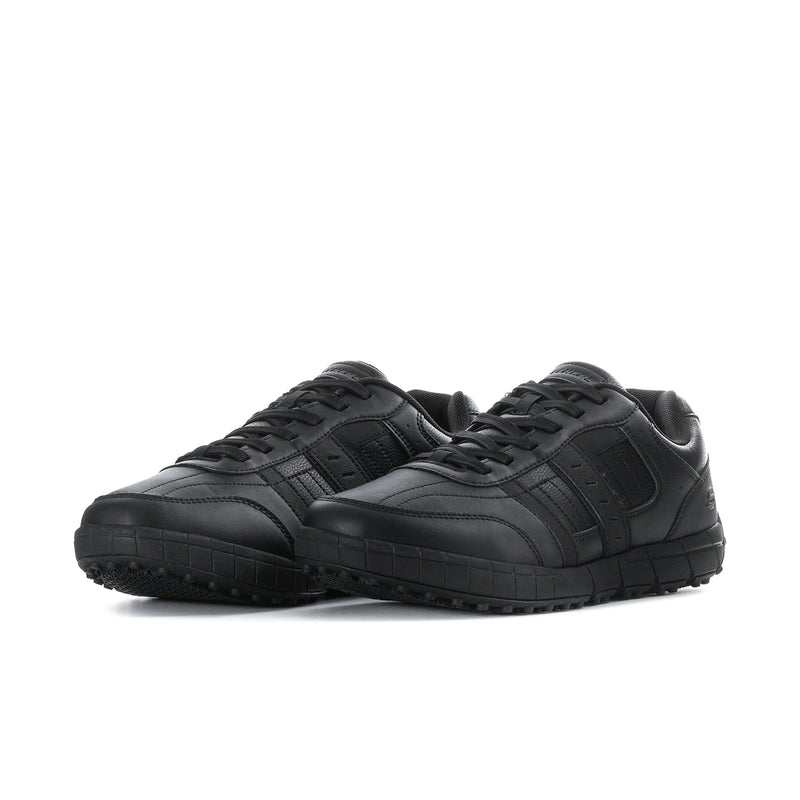 Men's slip-resistant black sneakers, front 3/4 view with textured overlays and laces.