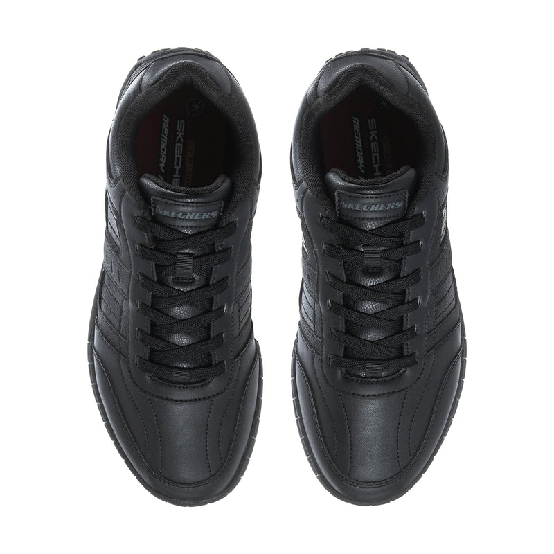 Men's slip-resistant black sneakers, top view of two uppers with padded tongue and laces.