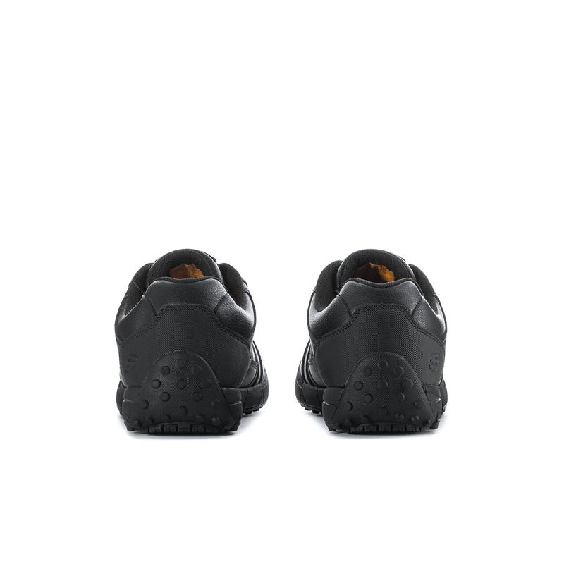 Men's slip-resistant black sneakers, heel view showing back collar and rubber tread pods.