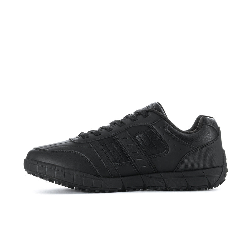 Men's slip-resistant black sneakers, angled side view with stitched stripes and lace-up.