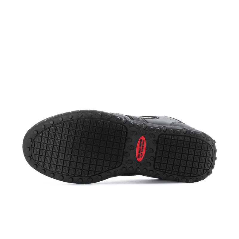 Men's slip-resistant black sneakers, black rubber outsole with deep tread and red logo.
