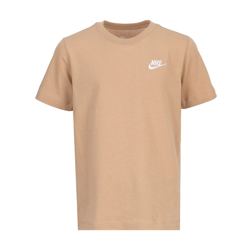 Youth embroidered Nike logo tee in hemp tan, short sleeves and crew neck
