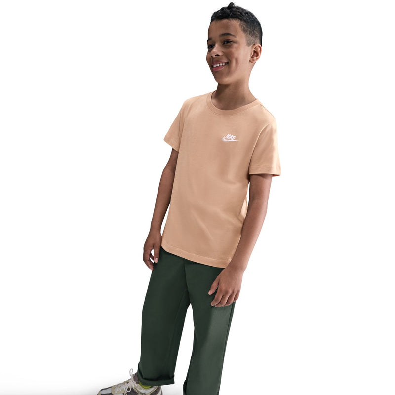 Youth hemp tan tee with white Nike swoosh embroidery, crew neck, short sleeves