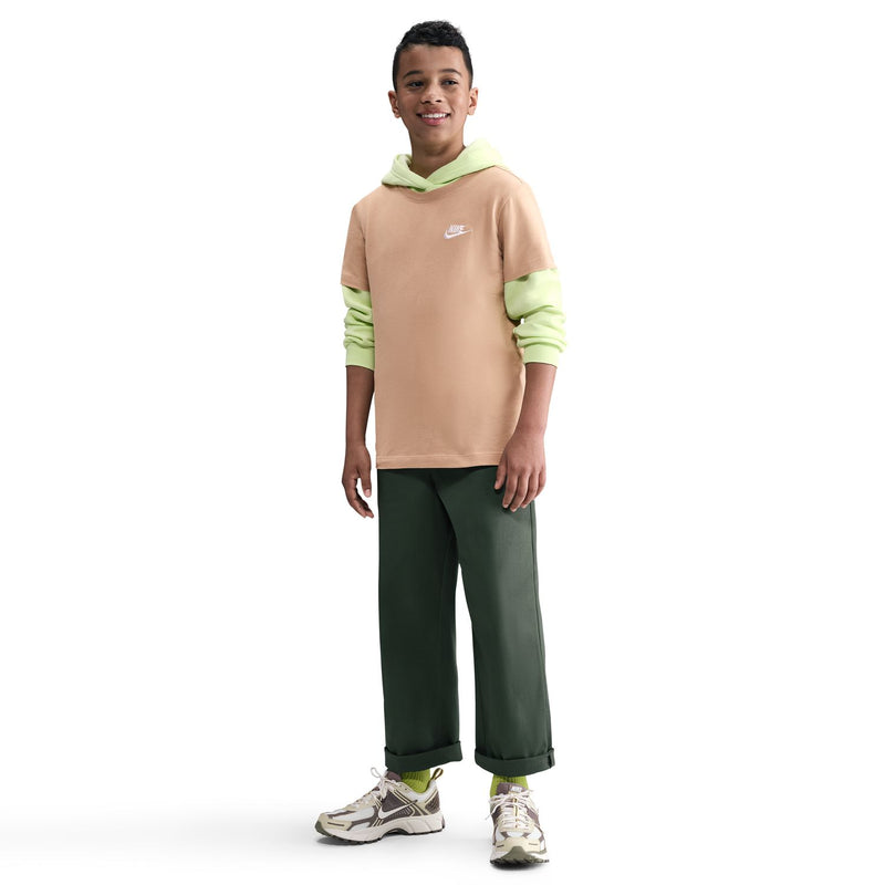 Youth hemp tan tee with white Nike swoosh, crew neck, short sleeves