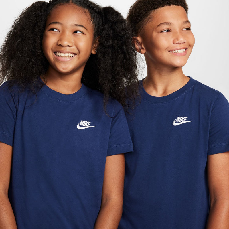 Navy youth tee with white Nike embroidered logo on the front