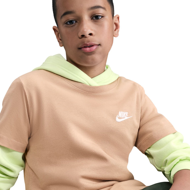Youth hemp tan tee with white Nike swoosh embroidery on chest, crew neck