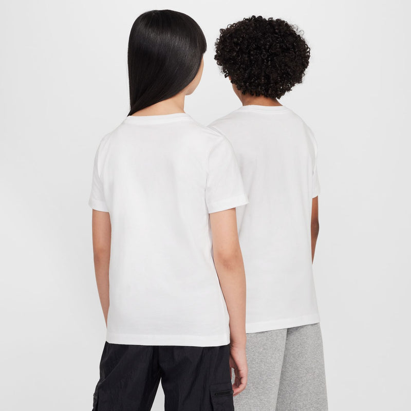 Youth white T-shirt back view, short sleeves and crew neckline