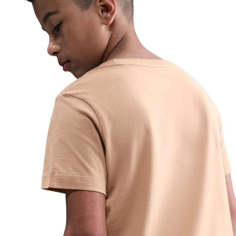 Youth hemp tan tee rear view, short sleeves and crew neck, smooth fabric