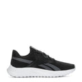 Men's black knit lace-up sneakers, gray side stripe, white cushioned sole