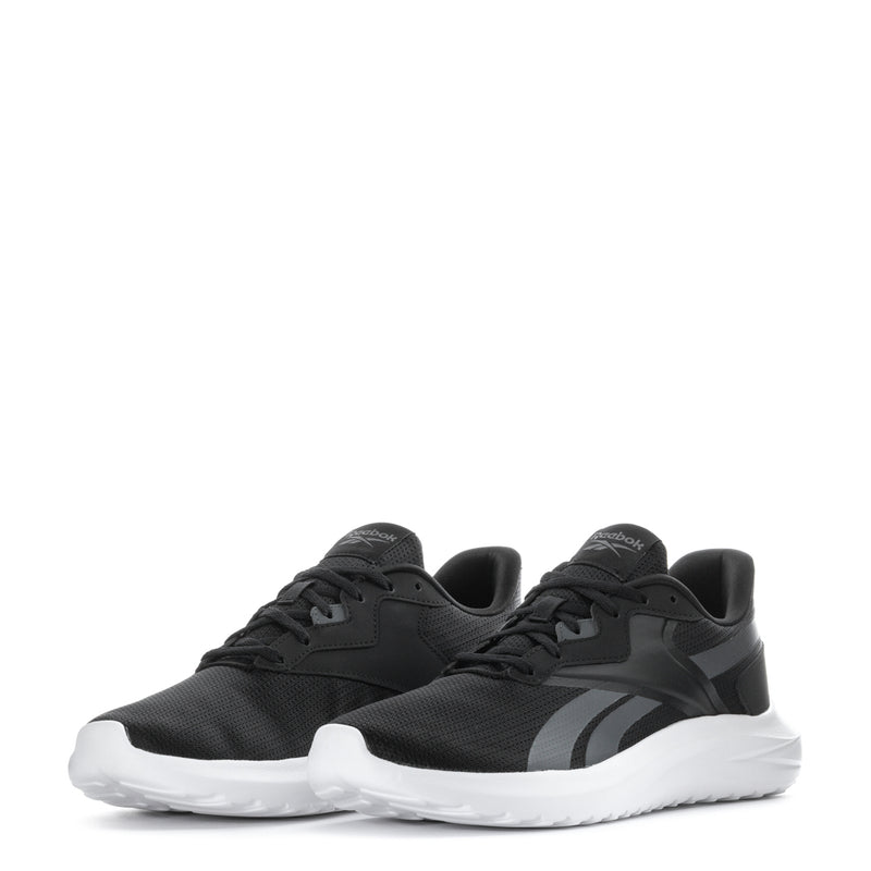 Men's black knit lace-up sneakers with gray logo accents and white sole
