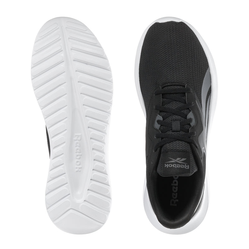 Men's black knit sneakers with white outsole and Reebok tongue label