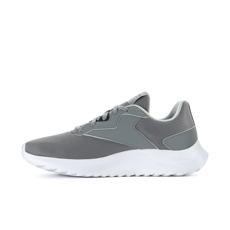 Men's grey mesh running shoes with black logo stripe and white outsole