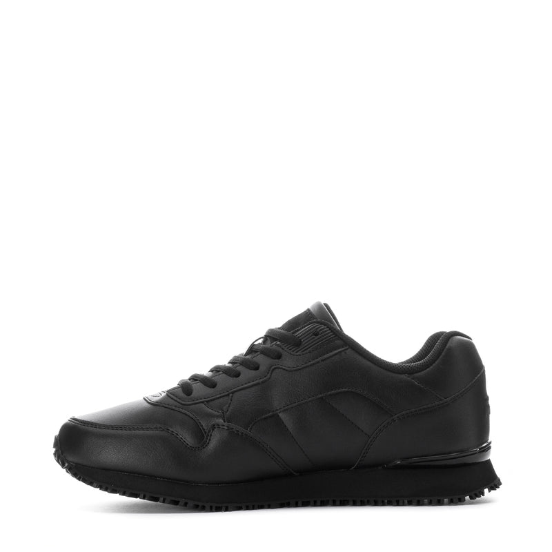Black low-top sneakers with lace-up front and textured rubber outsole