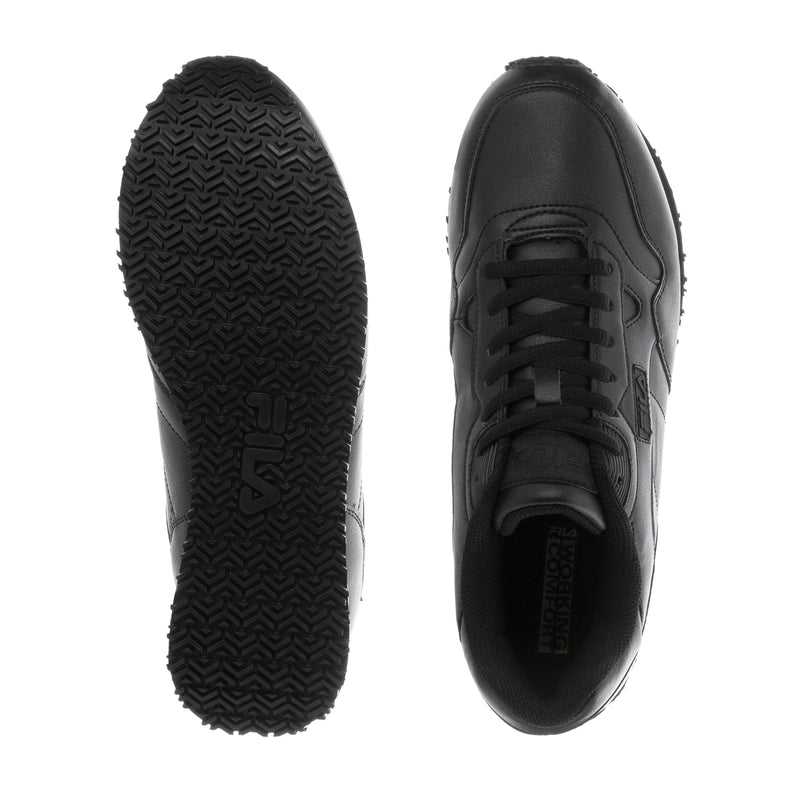 Black sneakers outsole and toe view with lace-up upper and textured tread