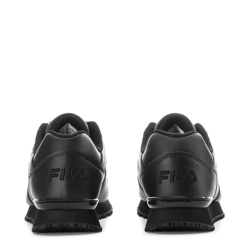 Black women's athletic sneaker with FILA logo, lace-up, cushioned heel