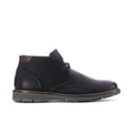 Men's black leather chukka boot with lace-up and brown pull tab
